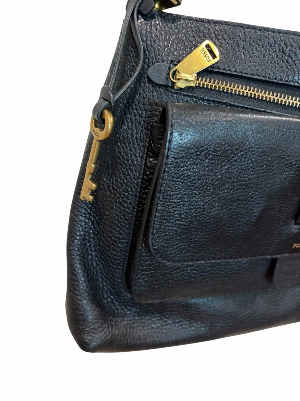 Fossil Kinley black pebbled leather crossbody bag multi pockets